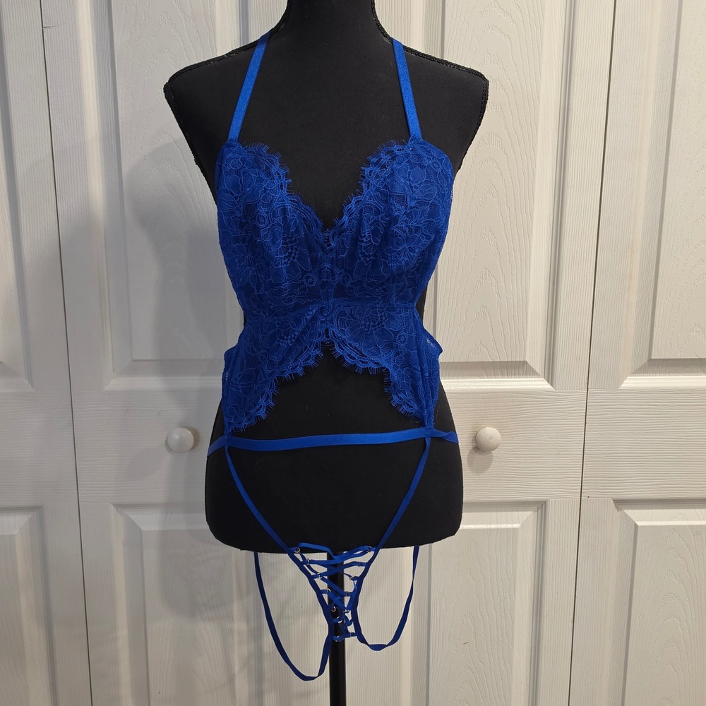 Victoria's Secret Teddy Women XL Blue Lace Halter Strappy Bodysuit Lingerie New
